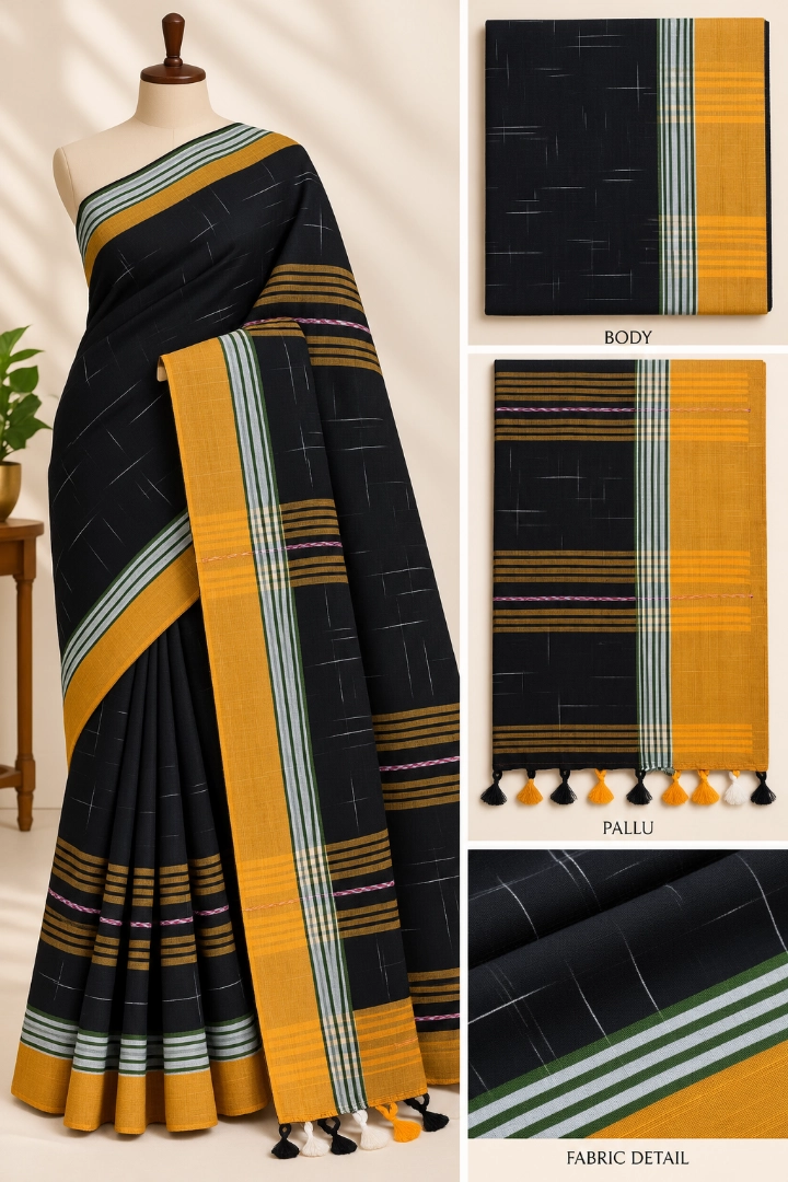Elegant Black Cotton Saree with Mustard Yellow Border and Tassels
