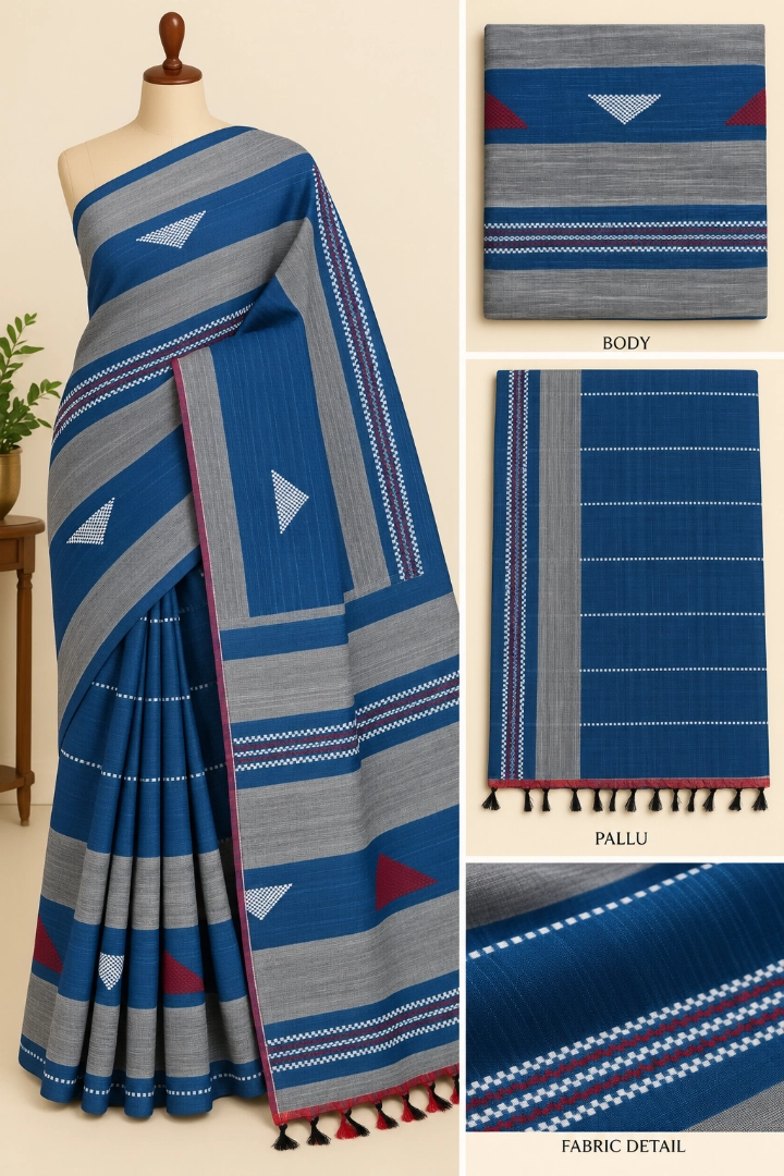 HLDESIGNS Blue & Grey Cotton Saree with Geometric Print