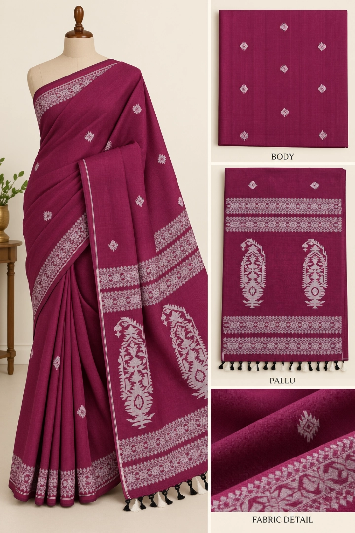 HLDESIGNS Woman Magenta Cotton Saree with Intricate Silver Weave and Paisley Motifs
