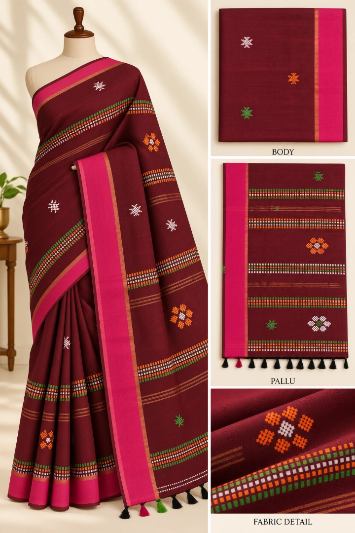 Maroon Cotton Saree with White & Multicolor Floral Motifs