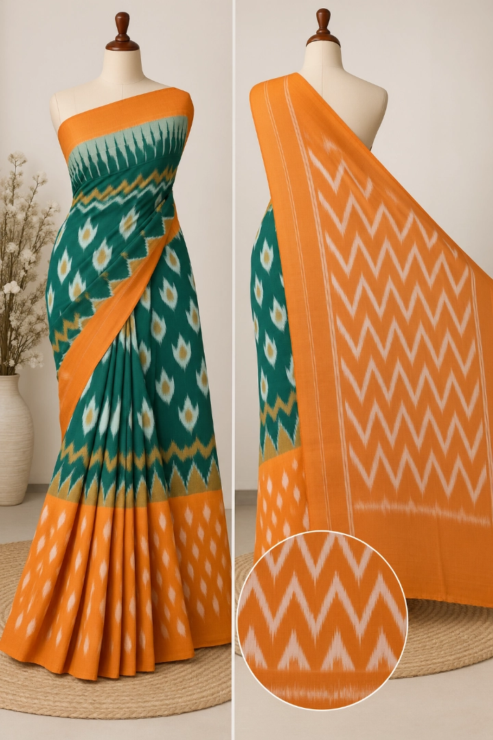 Emerald Green & Orange Ikat Cotton Saree