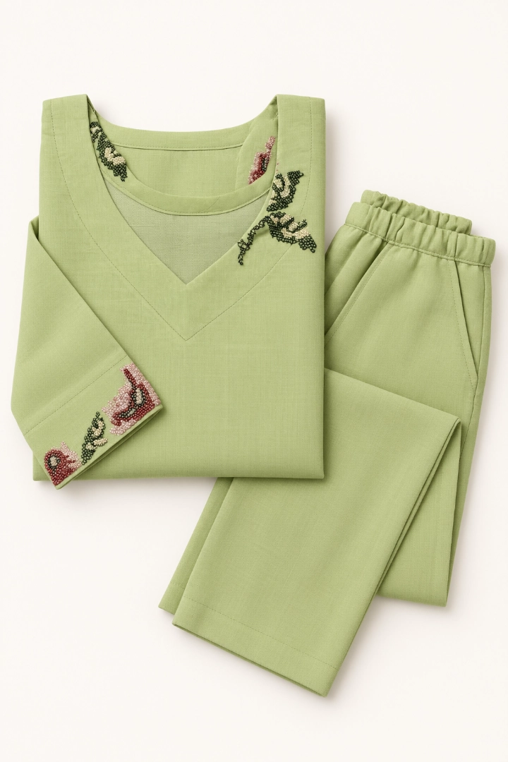 Women's Pastel Green Embroidered Cotton Top and Pants Set