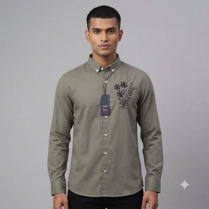 USElite Men's Green Full Sleeve Casual Shirt with Floral Embroidery