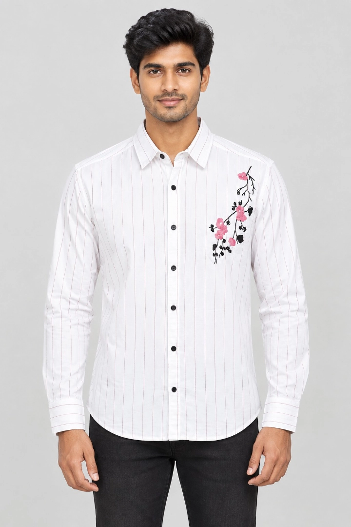 USElite Men's White Full Sleeve Casual Shirt with Pink Floral Embroidery