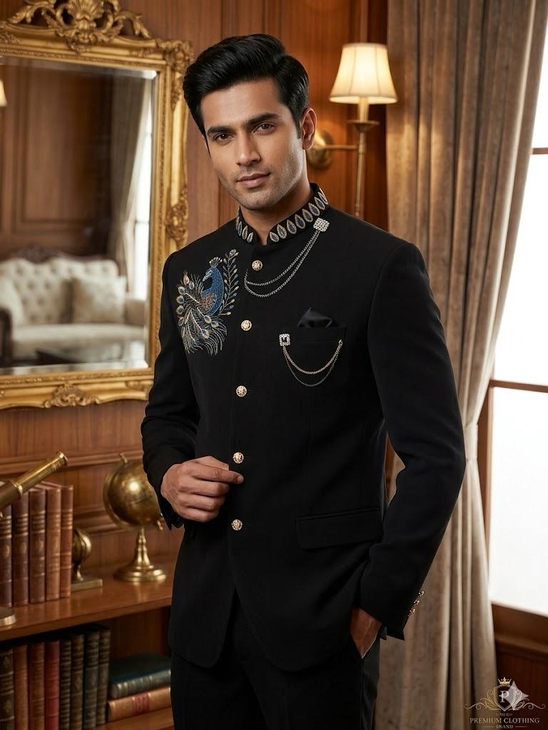 Men's Black Bandhgala Blazer with Peacock Embroidery and Chain Detail