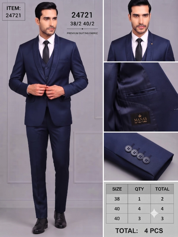 Men's Navy Blue Shawl Lapel Three-Piece Suit with Premium Suiting Fabric