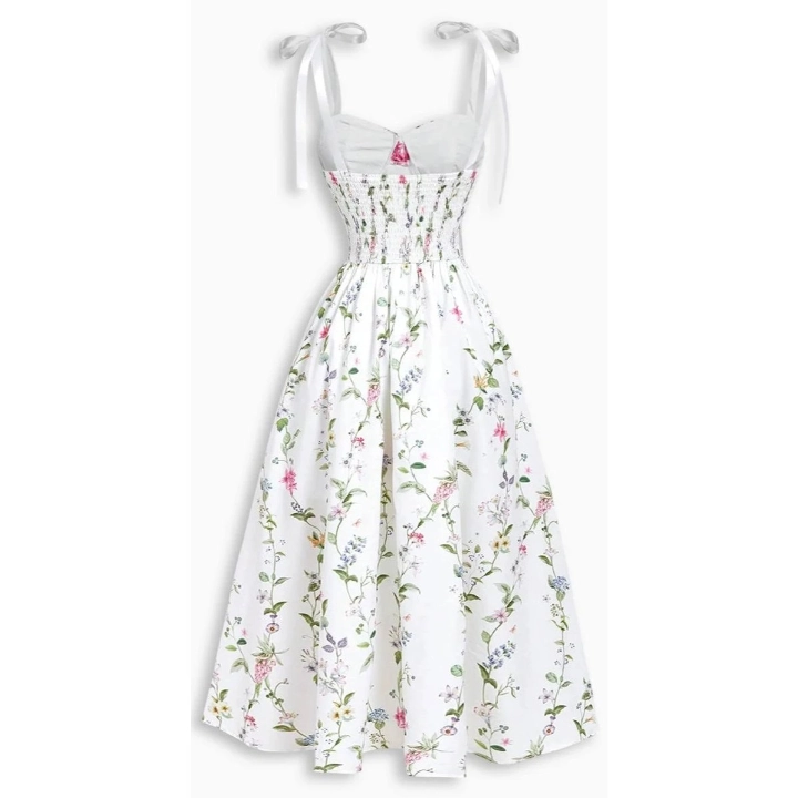Women's Floral Print Smocked Midi Dress with Tie Straps