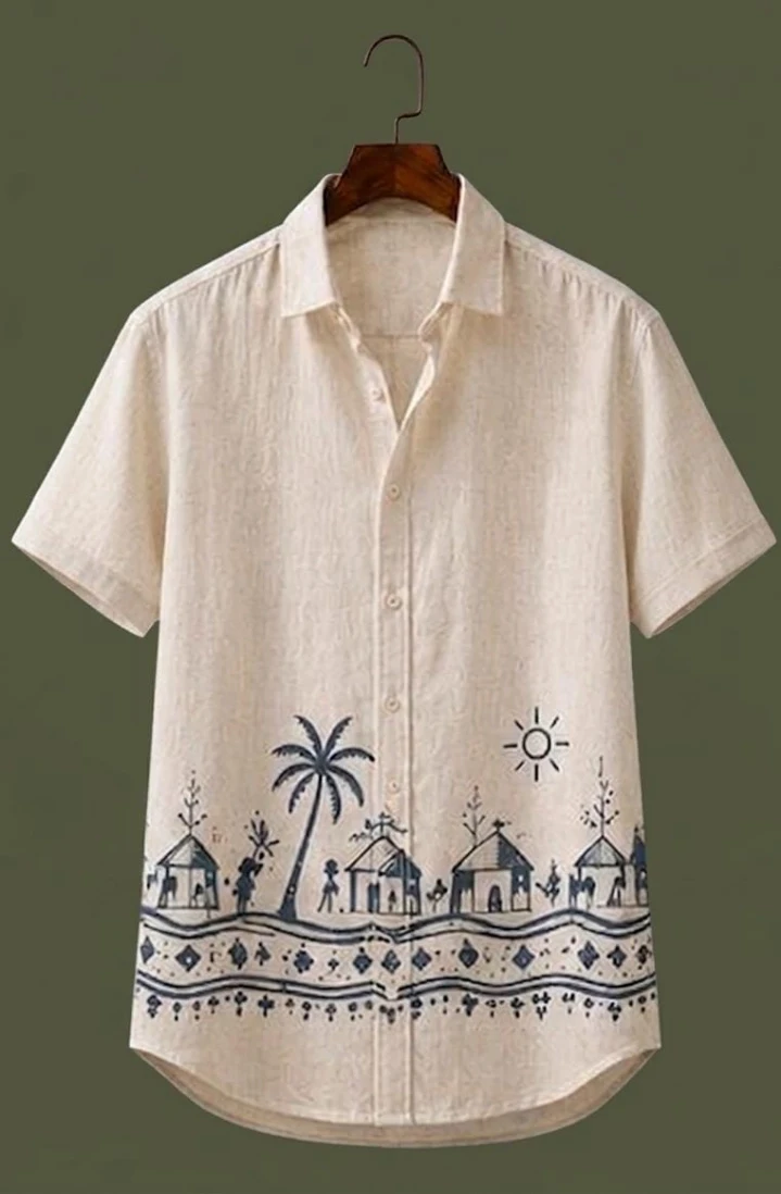 Men's Half Sleeve Oversized Shirt with Tropical Village Print