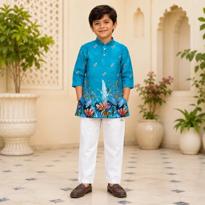 Vibrant Teal Kurta Set for Boys with Floral Print