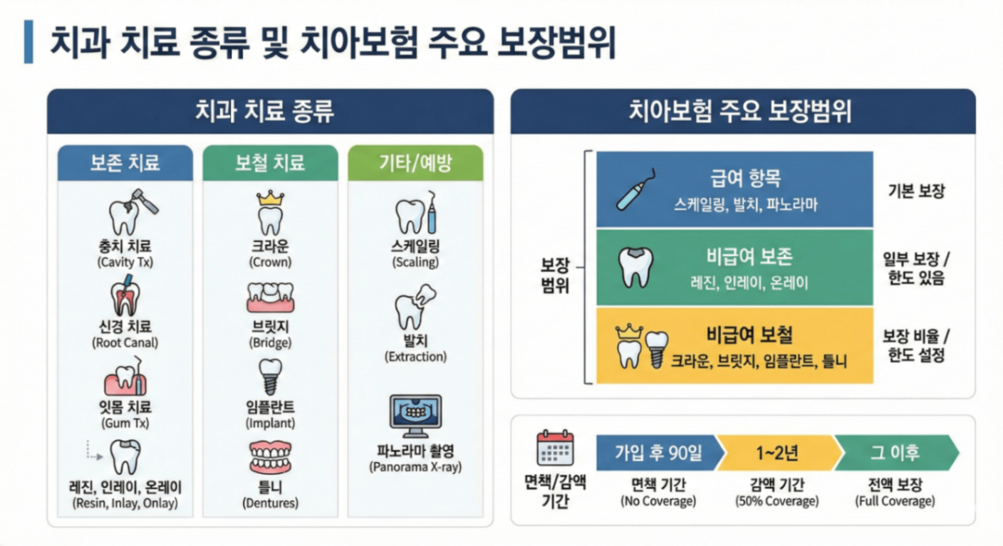 치과치료 종류 및 치아보험 주요 보장범위 한장요약