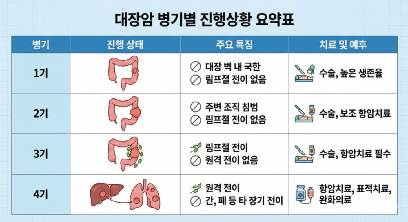 대장암 병기별 진행상황 요약표