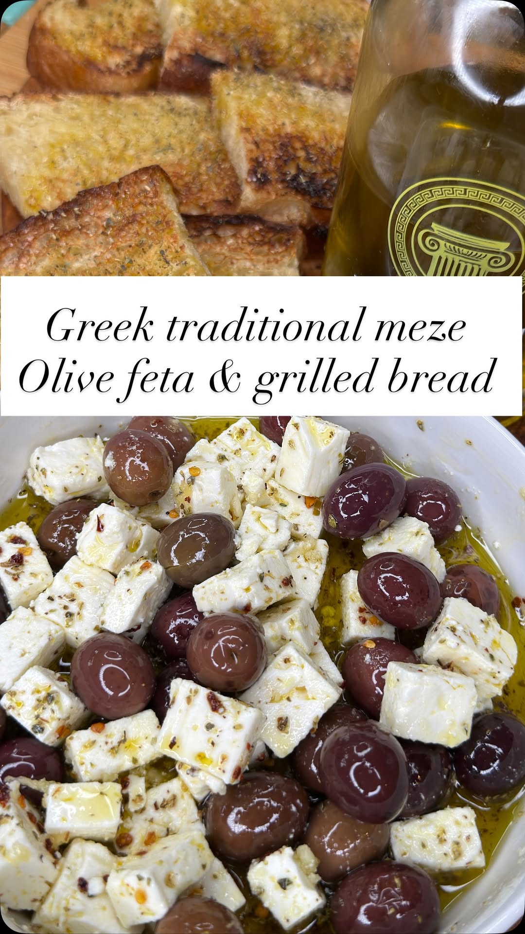 Greek traditional meze, Olives & Feta in EVOO dressing & EVOO oregano salty grilled bread