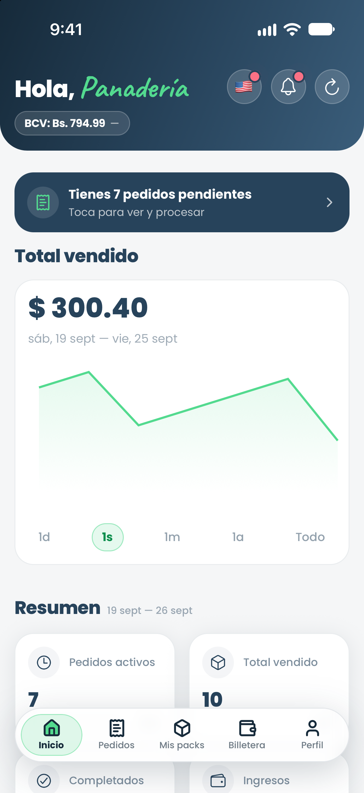 Panel de ventas del comercio en la app Salvalo