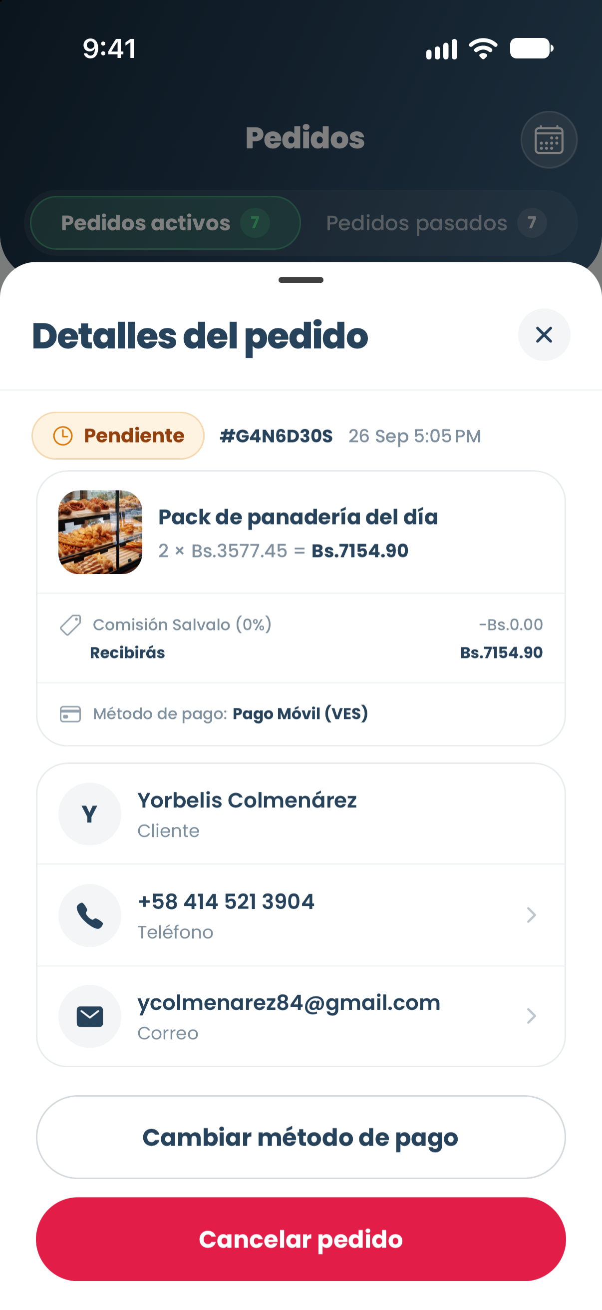 Detalle de un pedido entrante con el código de verificación
