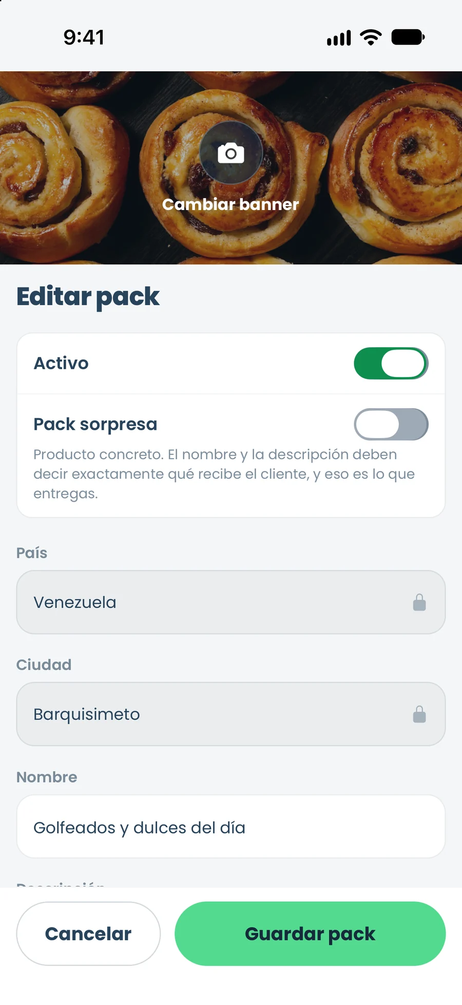 Formulario de la app para armar un pack con foto, nombre y descripción