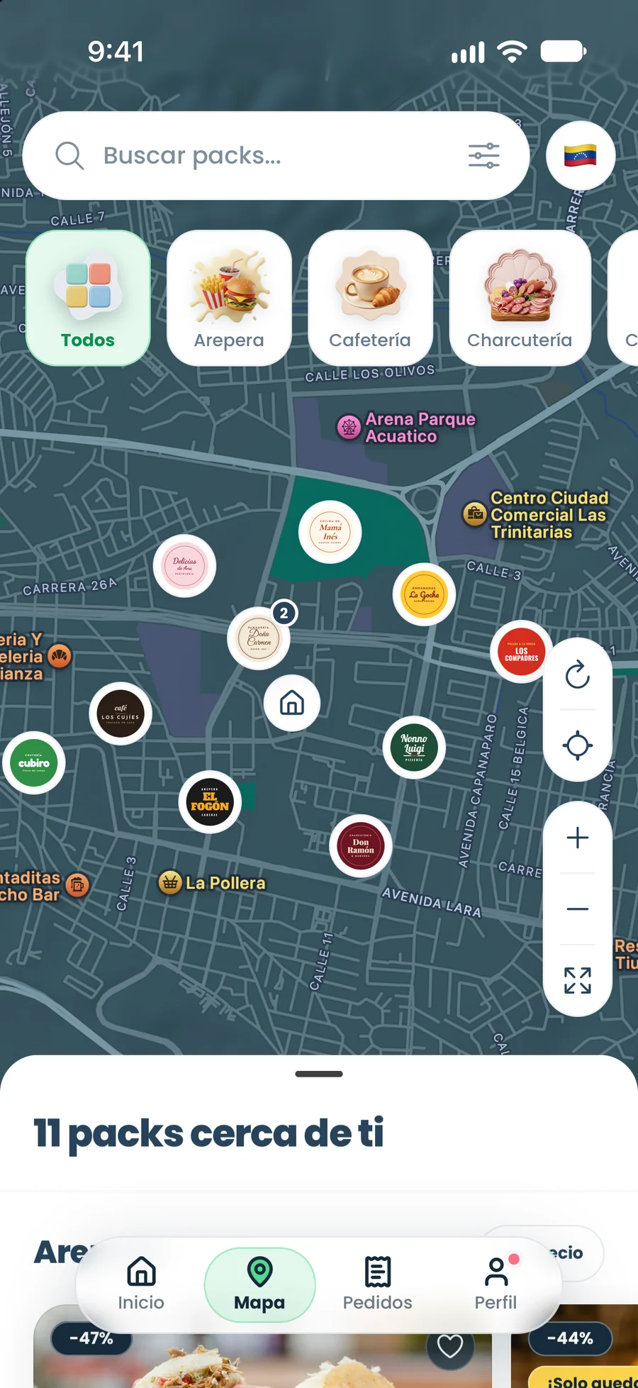 Mapa de la app Salvalo con los packs disponibles cerca