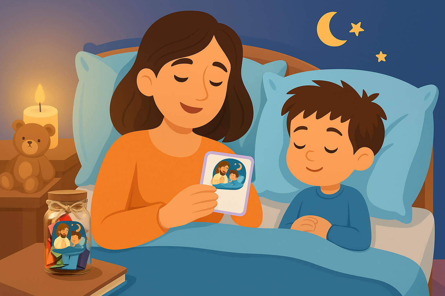 Niños orando con tarjetas