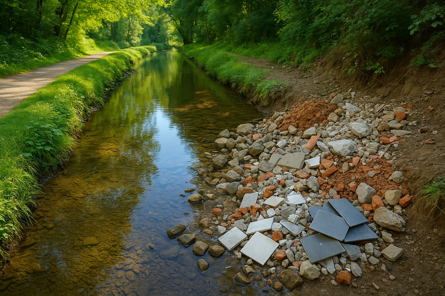 Desechos de construcción cerca de la quebrada