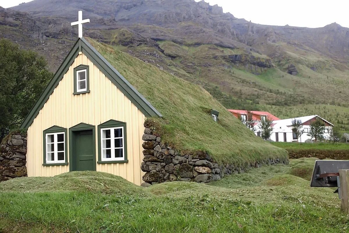 Wood and turf church at Hof, Iceland