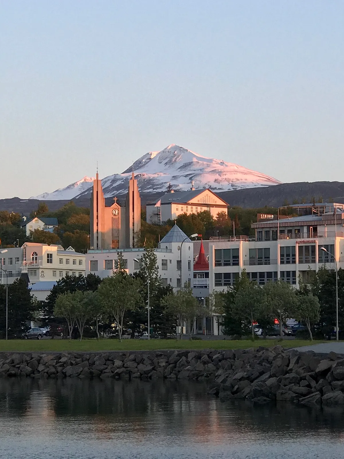 View on Akureyri, church, and mountain Súlur, June 2019