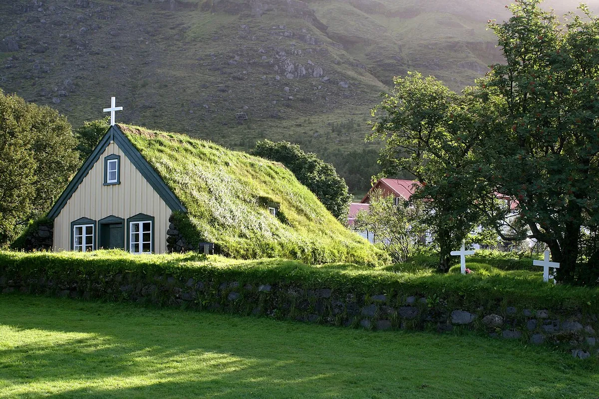 Wood and turf church at Hof, Iceland