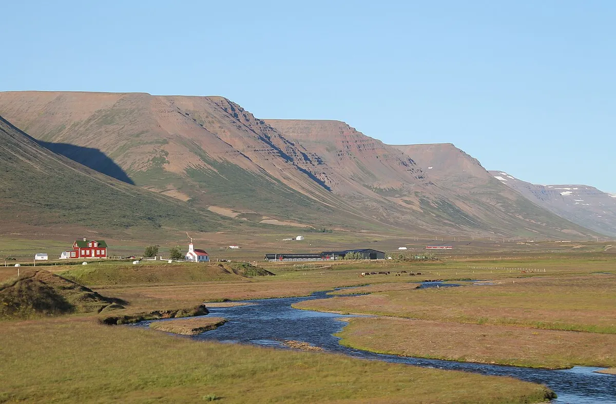 The farmstead and church at Hof on Höfðaströnd, Skagafjör'ður, Northern Iceland.