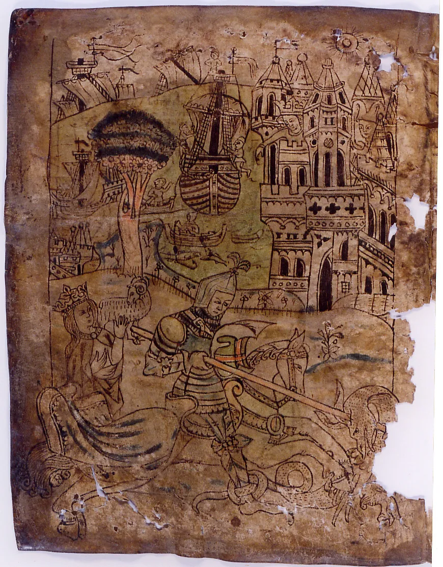 Saint George and the dragon. From the 15th century Icelandic manuscript AM 673a III 4to in the care of the Árni Magnússon Institute in Iceland. http://www.am.hi.is/handritinheima/handritid/bokaskreytingar/teiknibok/teiknibokin.htm