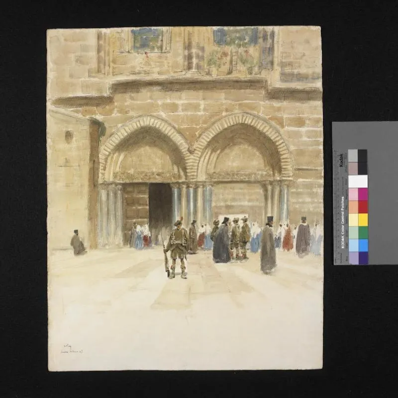 The Black Watch Guard on the Church of the Holy Sepulchre, Jerusalem image: the walls, pillared and arched doorways and the open door of a large ancient building dominate. In the foreground, a single kilted soldier stands on guard, while behind local civilians and several soldiers stand and walk