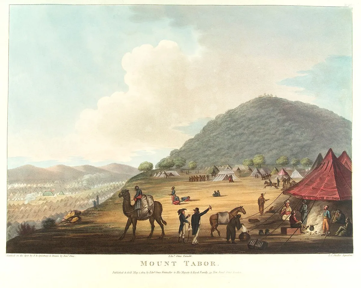 Mount Tabor, showing the encampment of the Turkish Army, c. October 1799, during the Defence of the Ottoman Empire against General Bonaparte. According to tradition, Mount Tabor is the place on which the transfiguration of our Lord was accomplished. It is a lofty conical mountain, standing in the pl