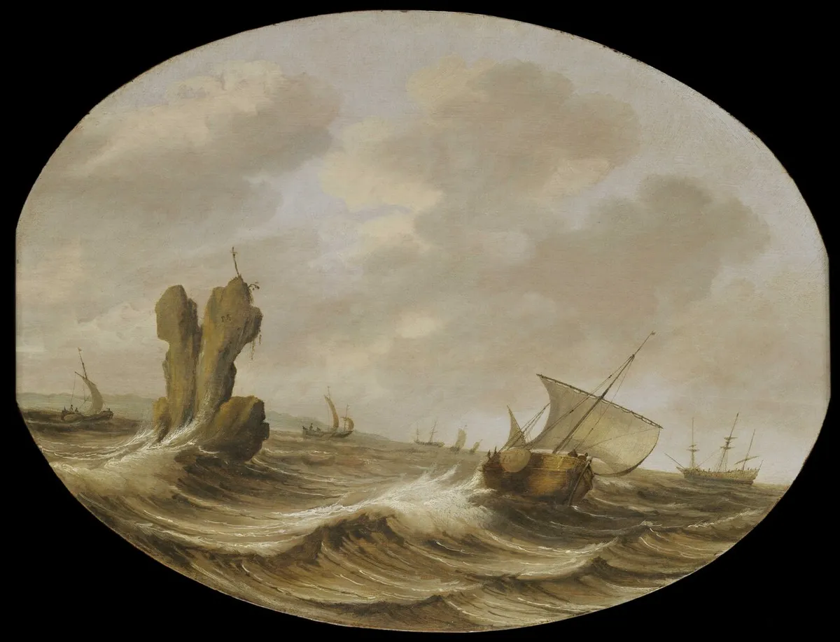 Shipping in a Breeze Off a Rock In this work, by Pieter Mulier the Elder, the most arresting element is the rock formation, on the left, which emphatically counterbalances the vessel sailing past it on the right. The rock is dramatically split down its middle and towers vertiginously above the surfa