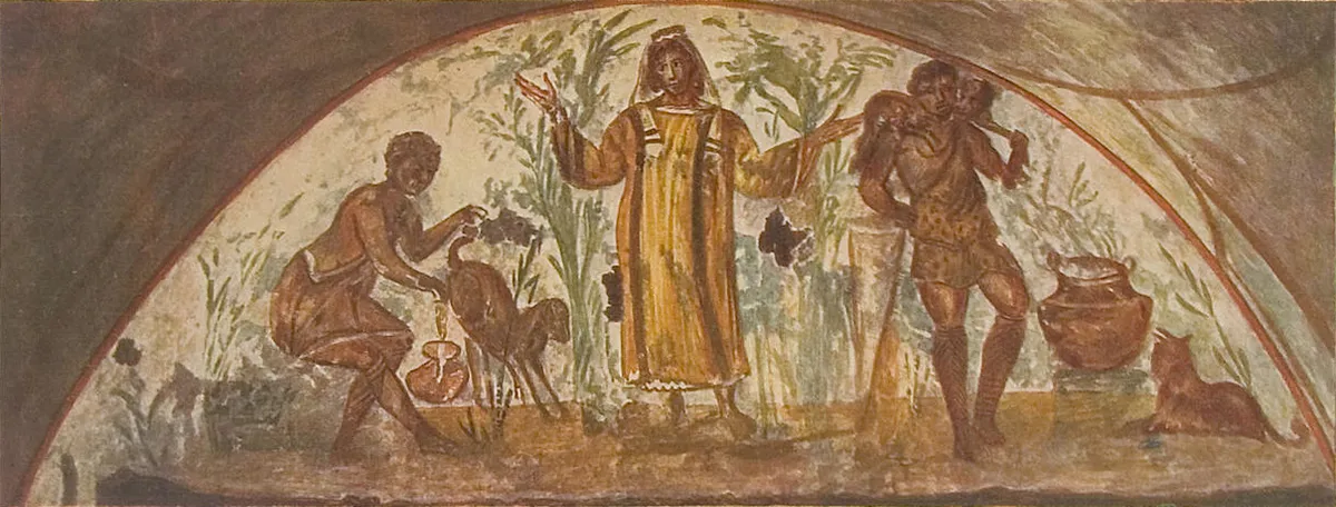 Milking a goat, praying with orant prayer position, carrying a goat like the Good Shepherd (symbolic of Christ); from the 1903 book Die Malereien der Katakomben Roms, Joseph Wilpert (editor). Original painting in the Major Catacomb, end of the 3rd century A.D.