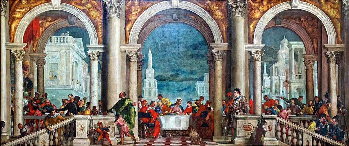 Paolo Veronese, Dinner (even banquet or feast) in Casa Levi - Oil on canvas of Venetian Mannerism, at Galleries of the Academy of Fine Arts in Venice: - 1 architecture and sculpture (loggia in serliana, classical Palladian-Sanmichelina Renaissance architecture, Corinthian order, Doric-Tuscan in the 