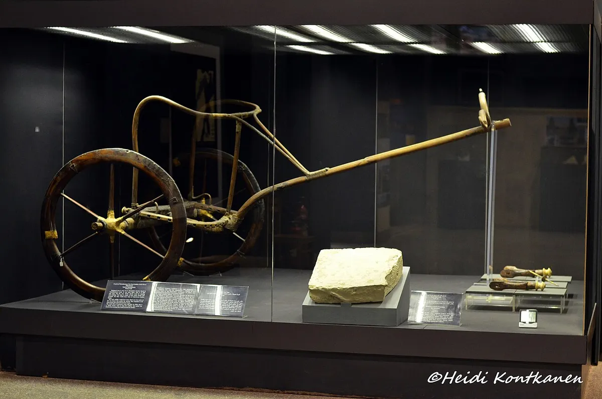 Chariot of Tutankhamun; Two Neck saddles; cheek Rowel. Displayed here is one of six dismantled chariots found in Tutankhamun´s tomb. It was most likely , since it is light and open and has very sturdy wheels, used for hunting and training. The body is made of bent wood, bound with rawhide; the floor