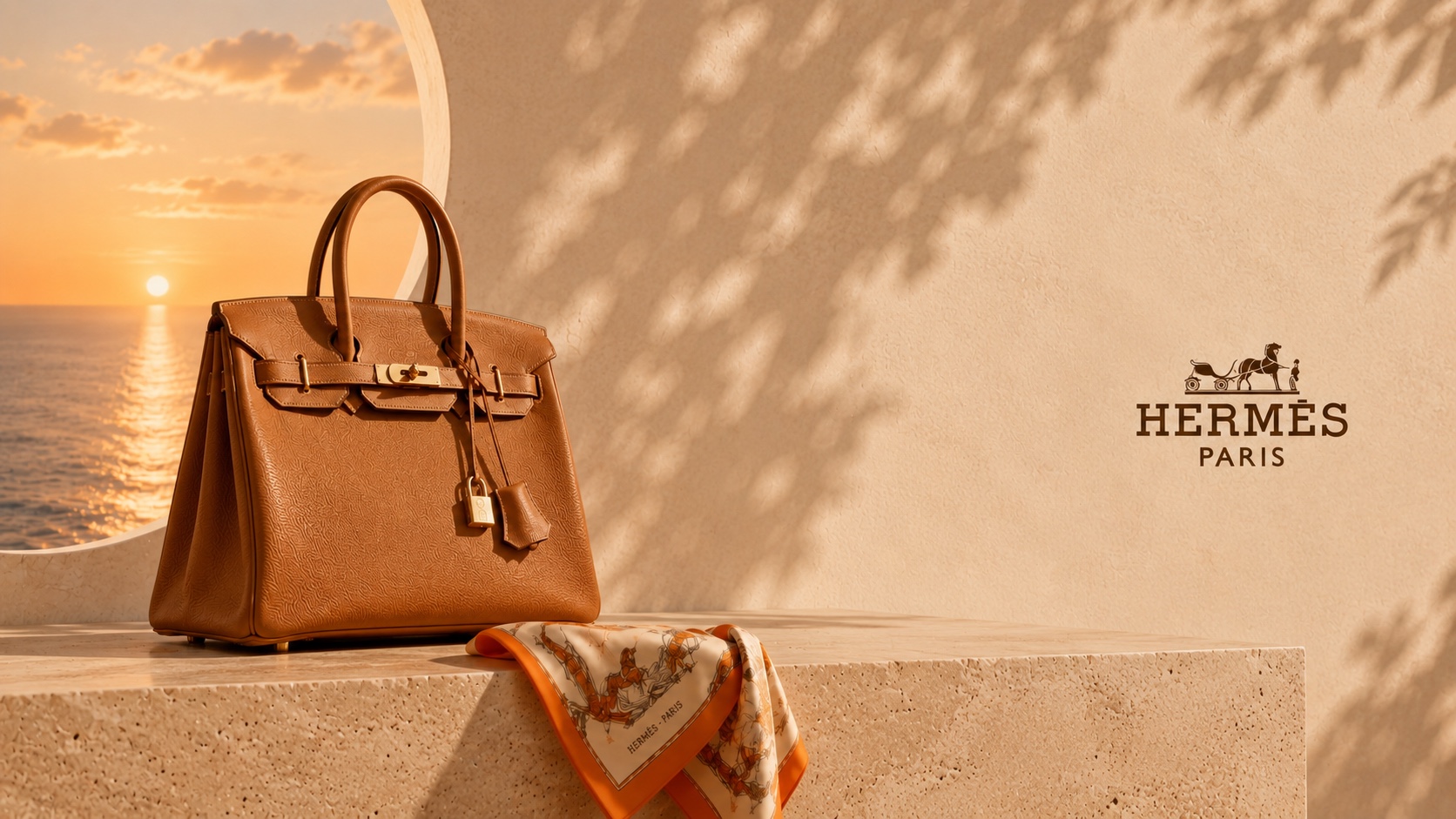 Sac Birkin gold posé sur un socle de travertin, face à la mer au couchant