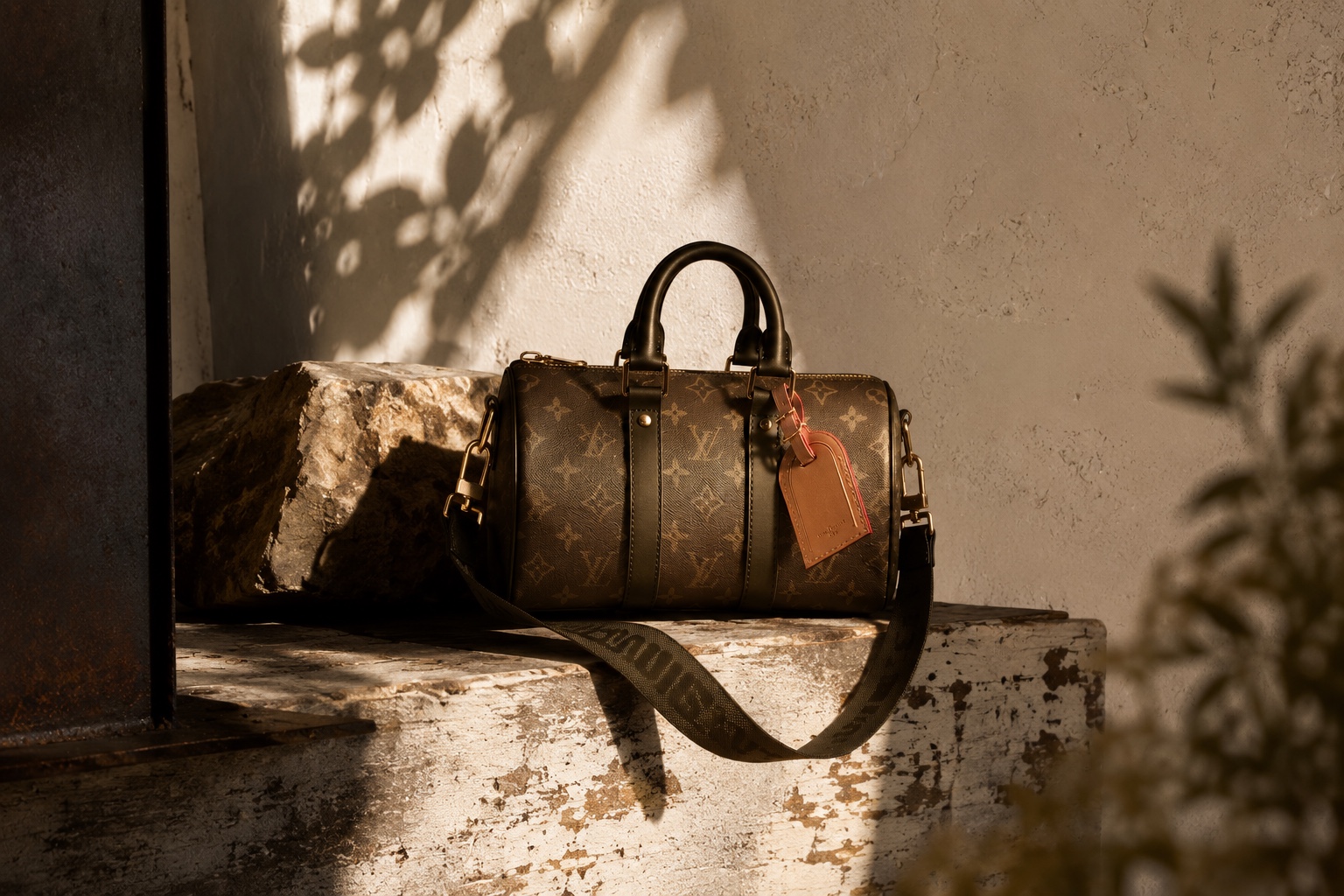 Sac de voyage monogrammé à bandoulière, posé sur une pierre patinée dans la lumière du soir