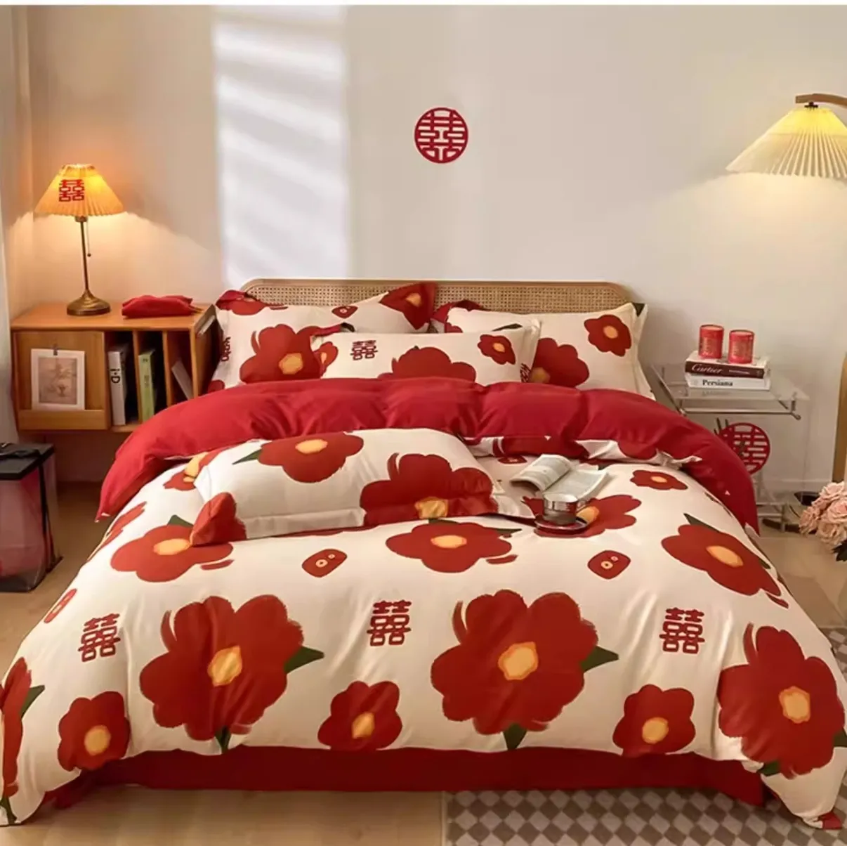 Seprei set motif bunga Shuangxi ukurang King size 180 x 200 x 30 cm +sarung bantal kepala + kain selimut ( tanpa reffil duvet ) ukuran 200 x 230 cm