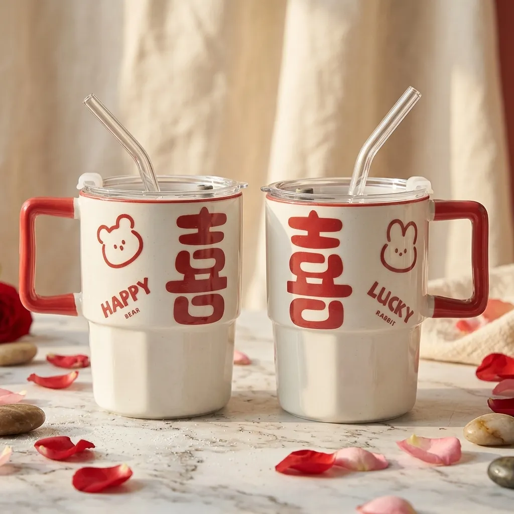 Mug Sedotan Keramik Shuangxi Rabbit Sepasang