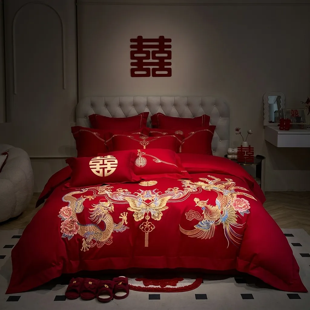 Seprei set merah bordir Shuangxi ukurang King size 180 x 200 x 30 cm +sarung bantal kepala + kain selimut ( tanpa reffil duvet ) ukuran 200 x 230 cm kode 2562