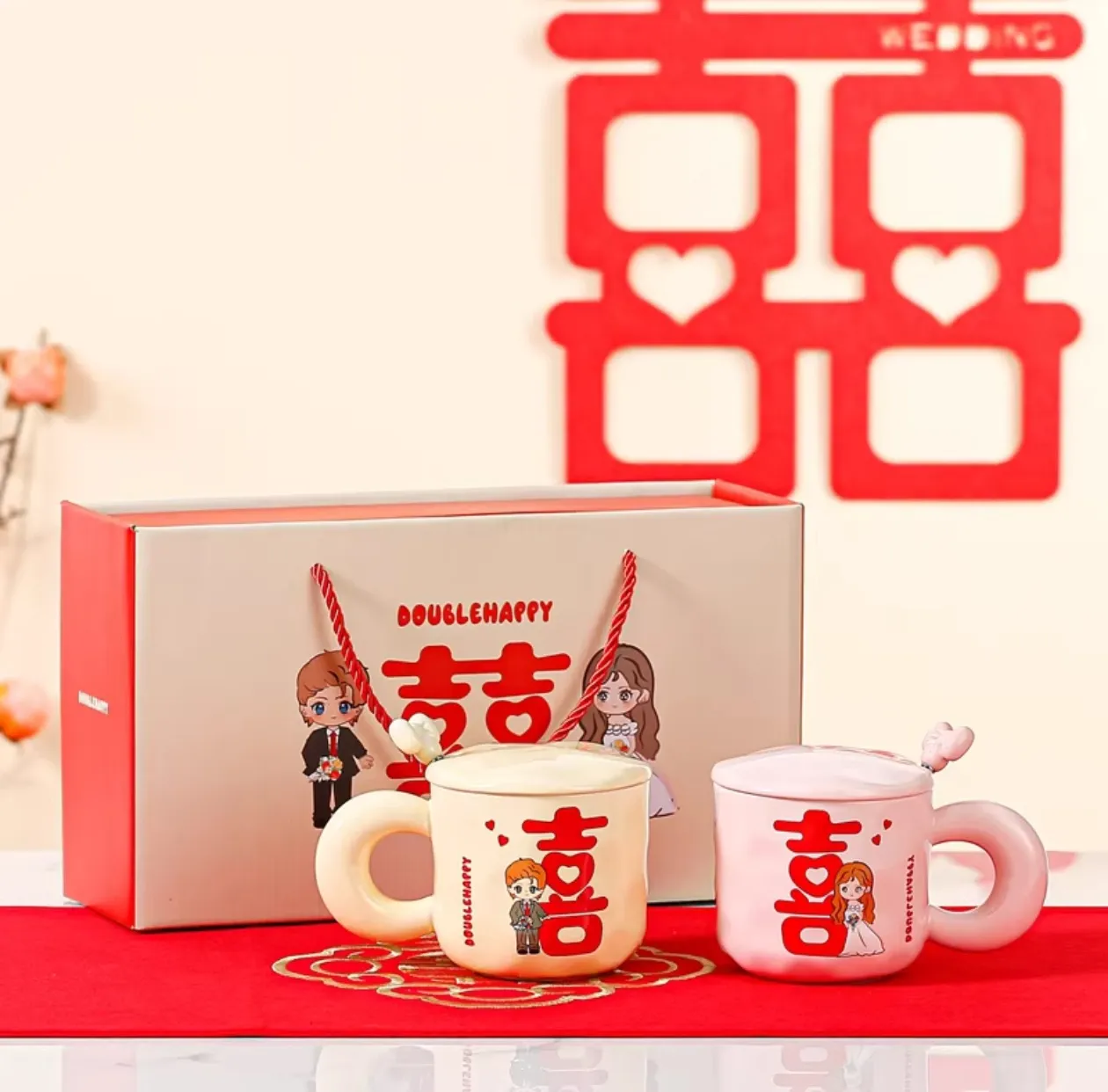Mug Set Pink & Cream Tutup Putar dan keramik
