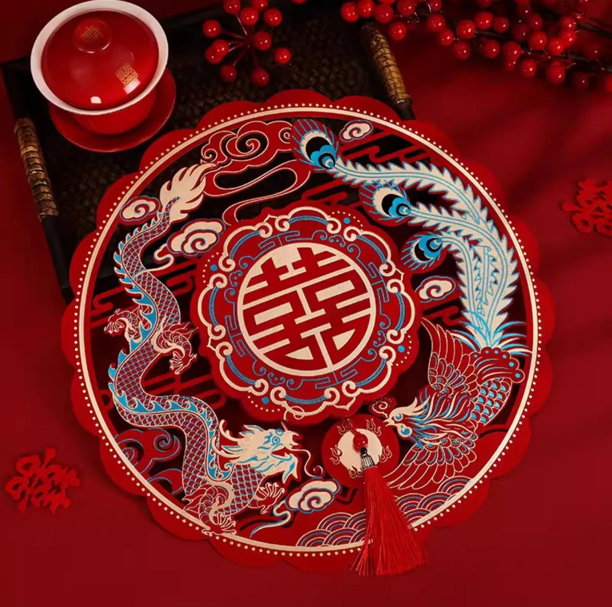 Tempelan Pintu Shuang Xi Phoenix Dragon 45x45cm