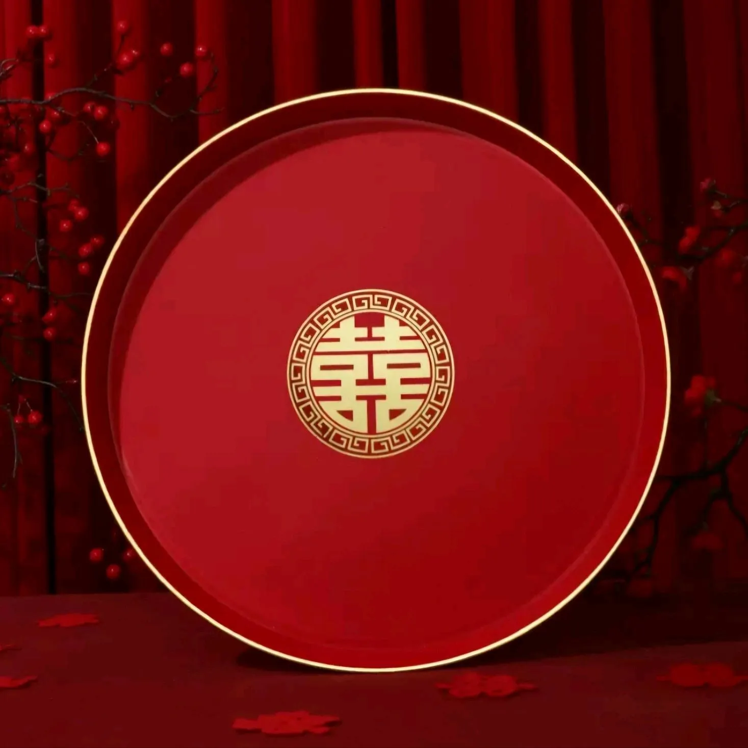 Nampan Bulat Shuang xi 32 cm List Gold