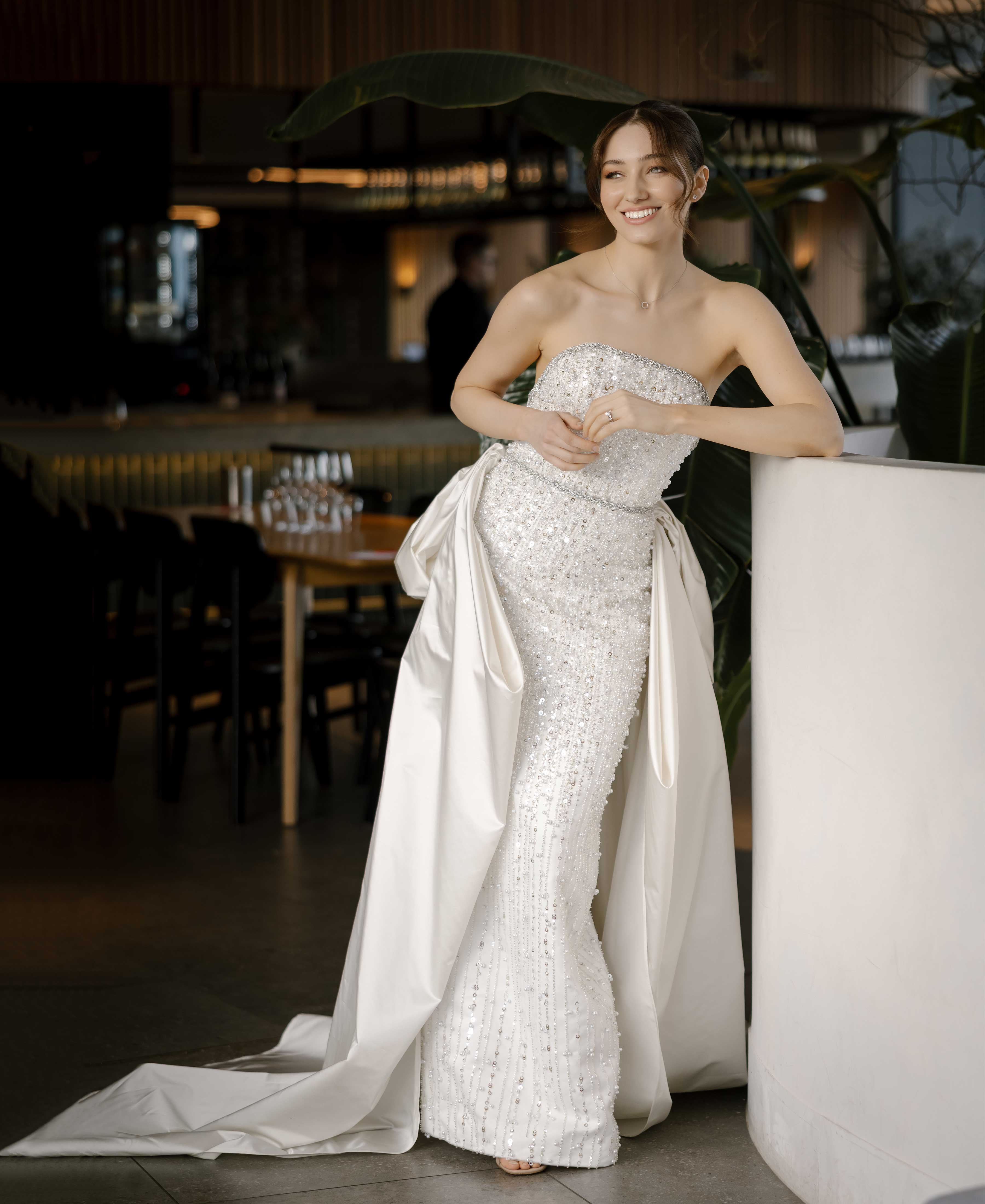 Nova | Sequin Wedding Dress with Bow Cape Train