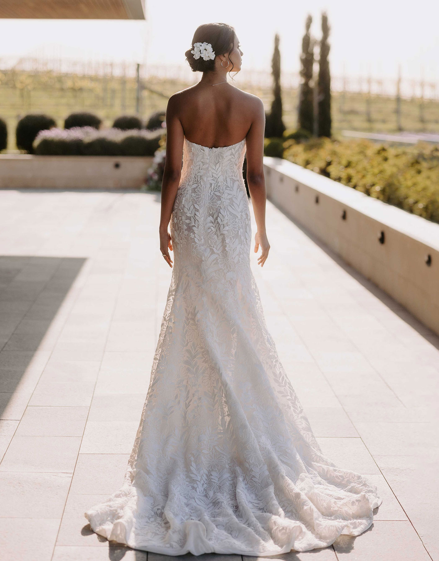 Solenne | Strapless Floral Lace Wedding Gown with a Flowing Train 2