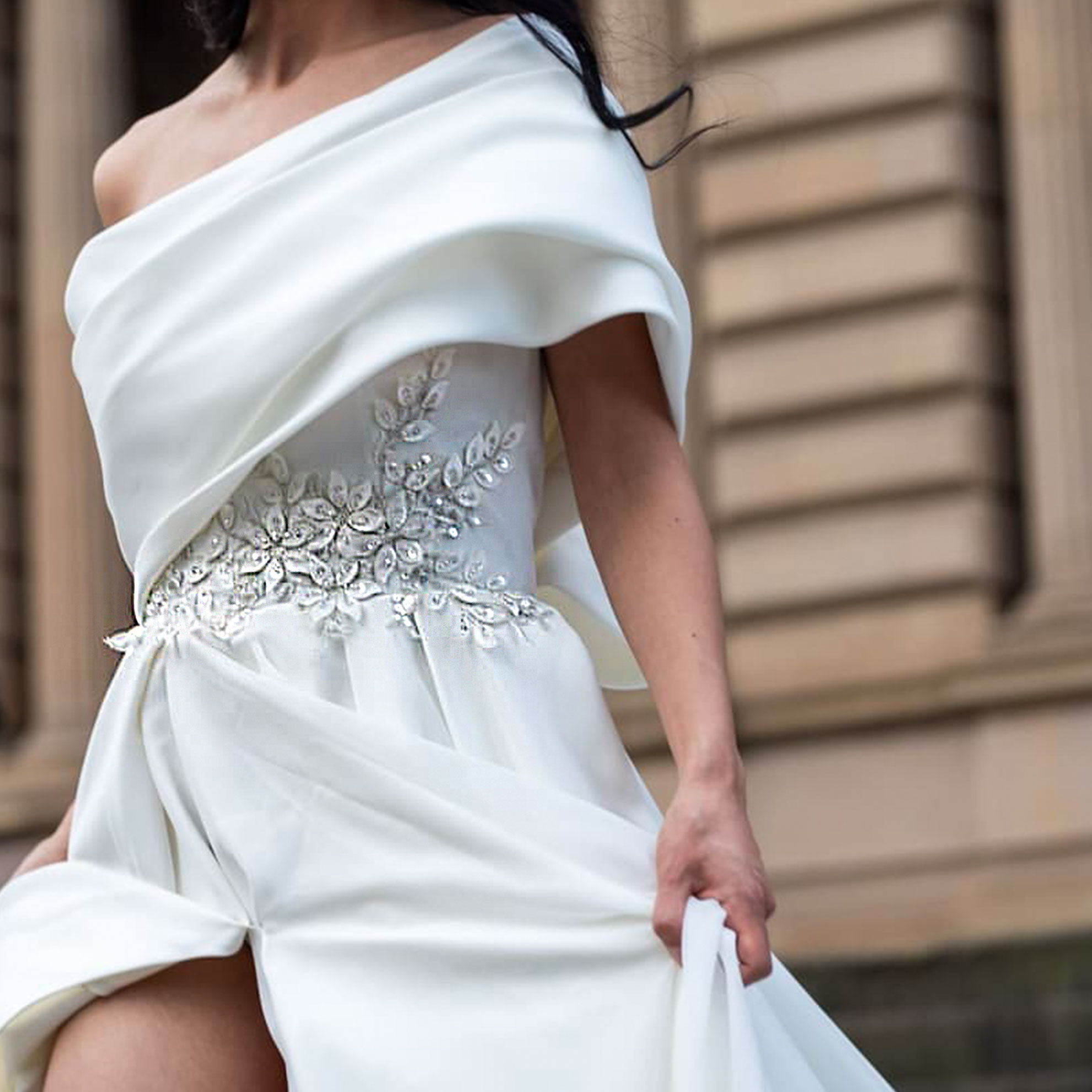 Parensa |Asymmetric One-Shoulder Chiffon Wedding Dress with Bow 4