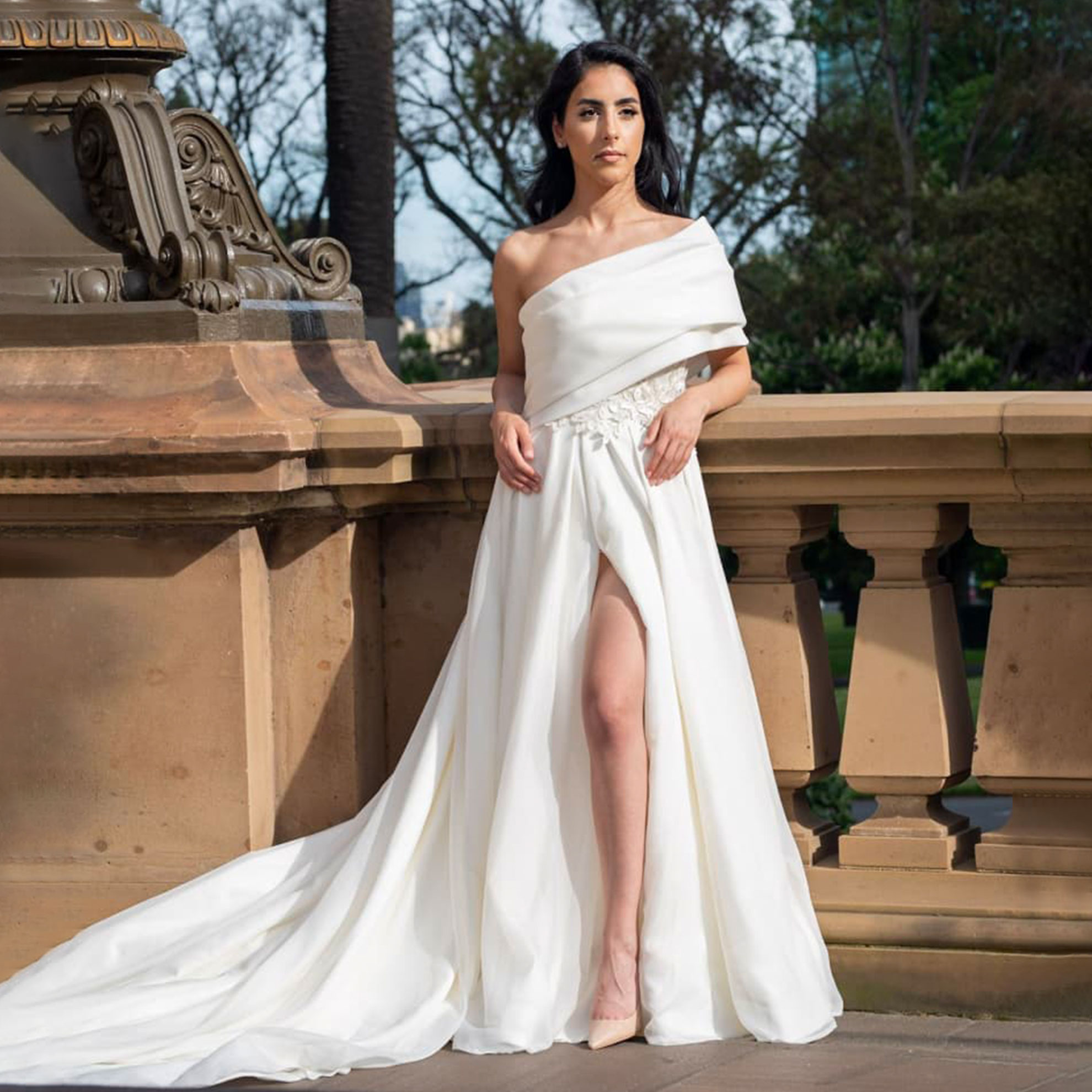 Parensa |Asymmetric One-Shoulder Chiffon Wedding Dress with Bow 5