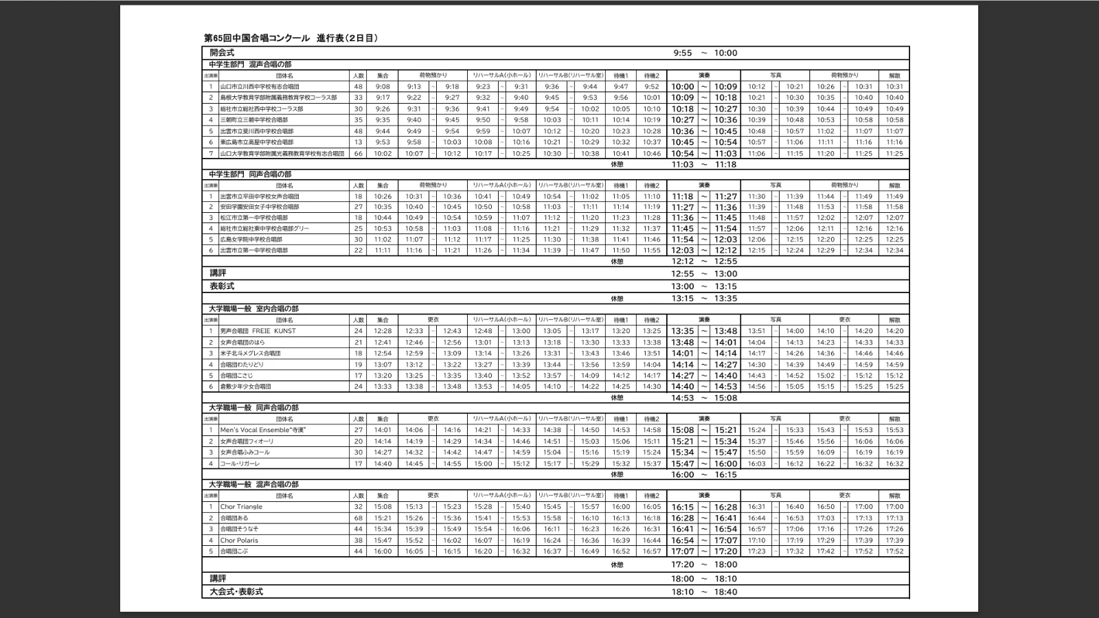 第65回中国合唱コンクール 2日目 進行表（鳥取県合唱連盟公式）