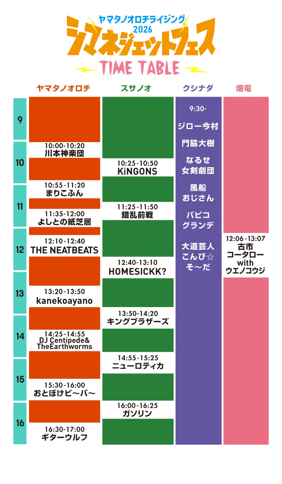 10月10日 本祭（古曽志公園）の公式タイムテーブル。10月11日の後夜祭は別会場・別イベントです。クシナダは9:30開始、記載順は出演順ではありません。出典：https://shimanejettfes.com/wp-content/uploads/2026/09/SJF_TT_20261010.png