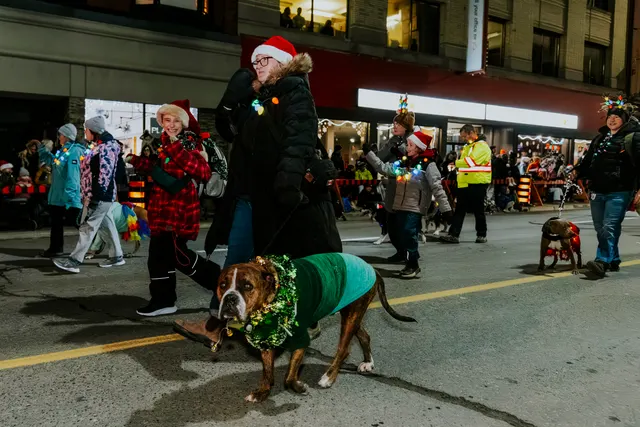 People in Santa hats walk dogs dressed in holiday sweaters and tinsel collars in the parade.