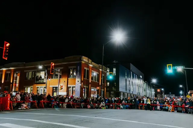 A large crowd lines both sides of a street corner beneath traffic lights and streetlamps at night.