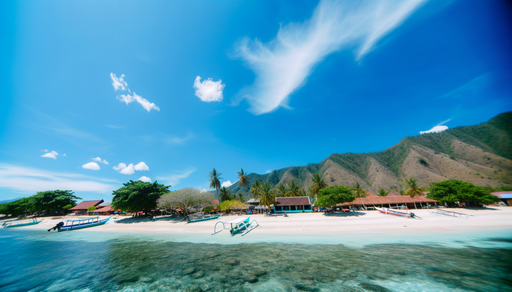 AI generated image for: high quality landscape photo of gili in Indonesia, wide angle view, 16:9 aspect ratio, buatkan gamba